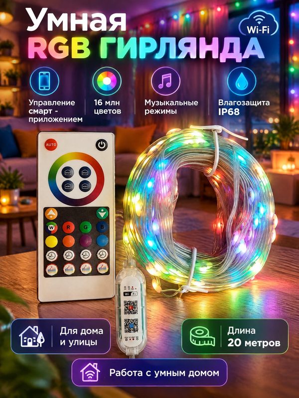 Гирлянда MosKon, 20м, умная, WiFi, для умного дома, 5.1Вт, IP65