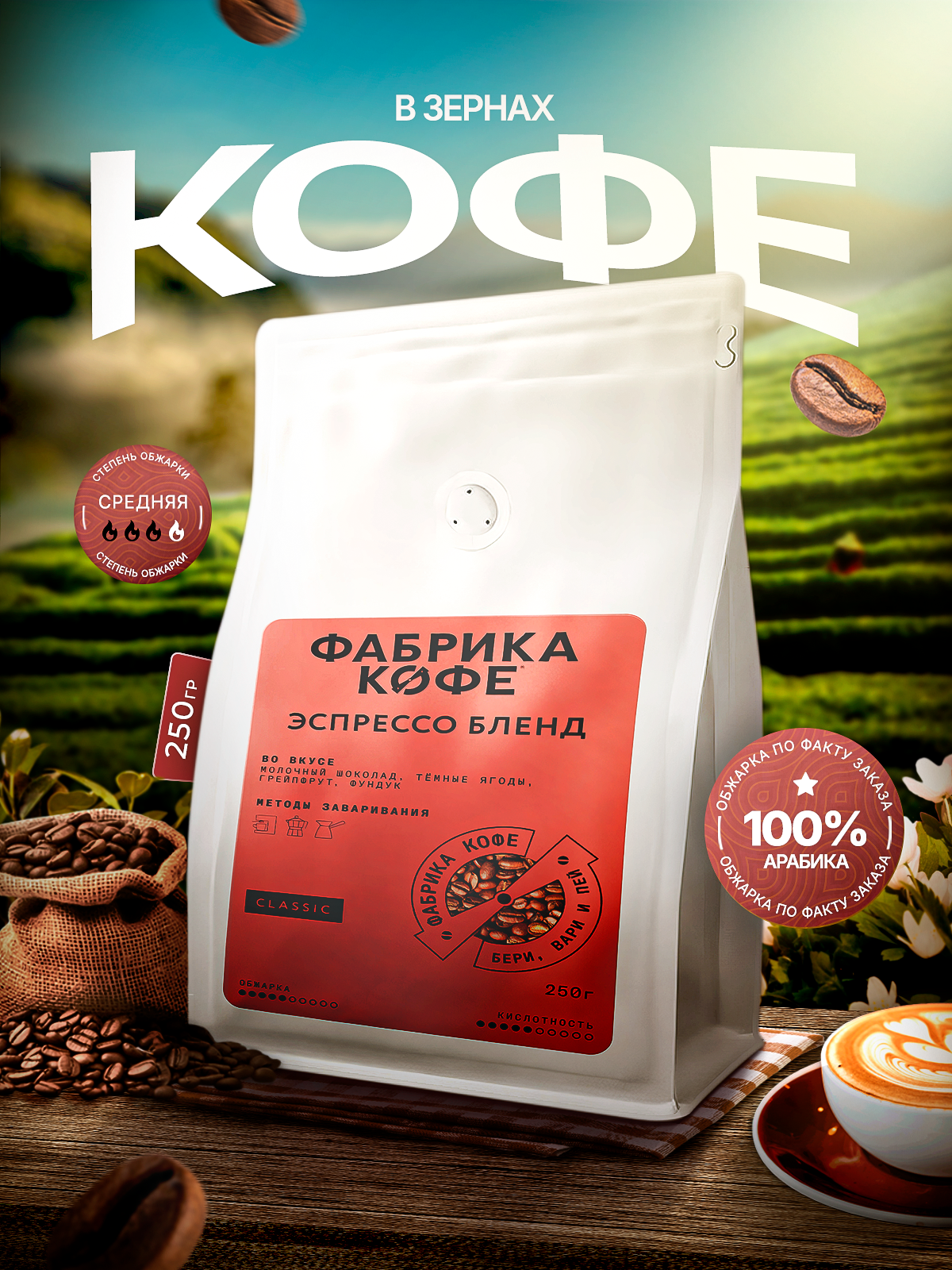 Кофе Фабрика Кофе "Бразилия/Эфиопия", арабика, 100%, средняя обжарка, 250 гр