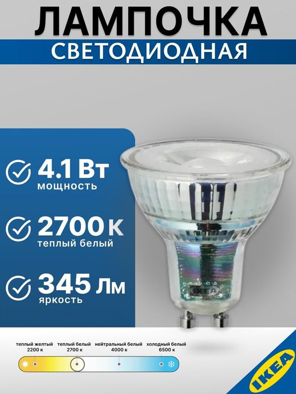 Лампочка светодиодная GU10, 4.1 Вт, 2700 К, 345 Лм IKEA LEDARE ледаре