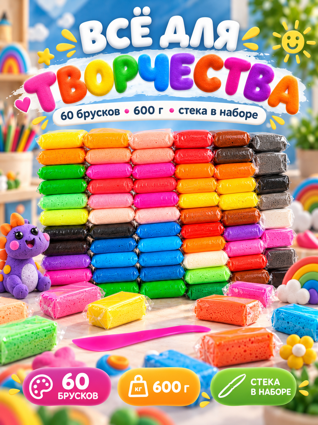 Масса для лепки Школа талантов, воздушный пластилин, 60 брусков, от 3 лет, не липнет к рукам