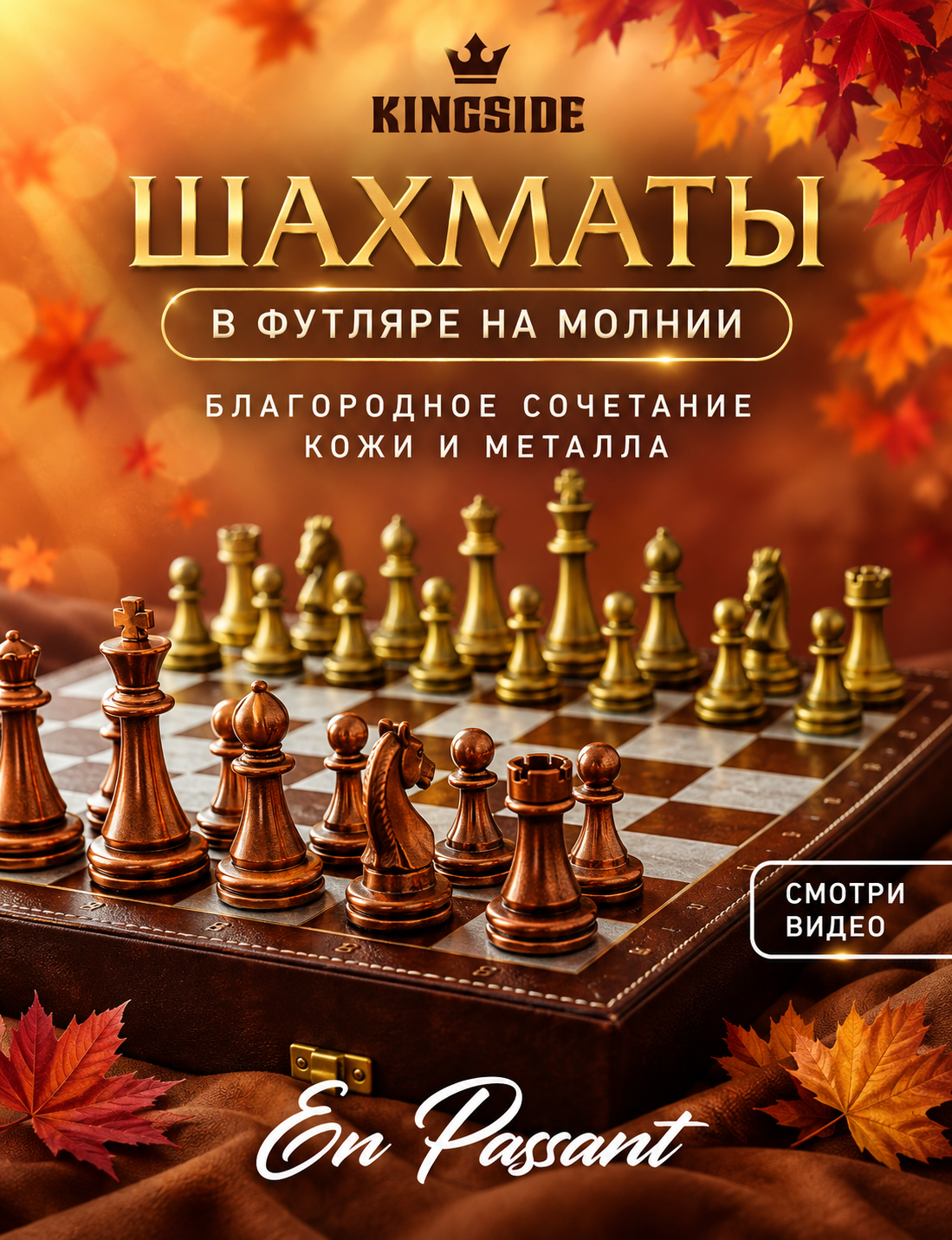Шахматы подарочные KINGSIDE "En passant" кожаное поле 29х29 см металлические фигуры
