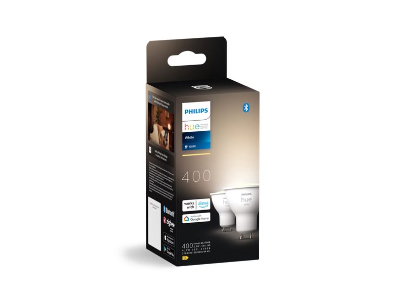 Philips Hue White GU10 — 2 умные лампы (400 Лм, Bluetooth, диммируемые, тёплый свет) (929001953506)