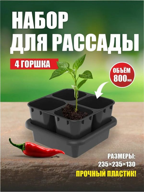 Набор для рассады 0,8л (1 кассета из 4-х стаканчиков с вкладышем + ящик) АП 118