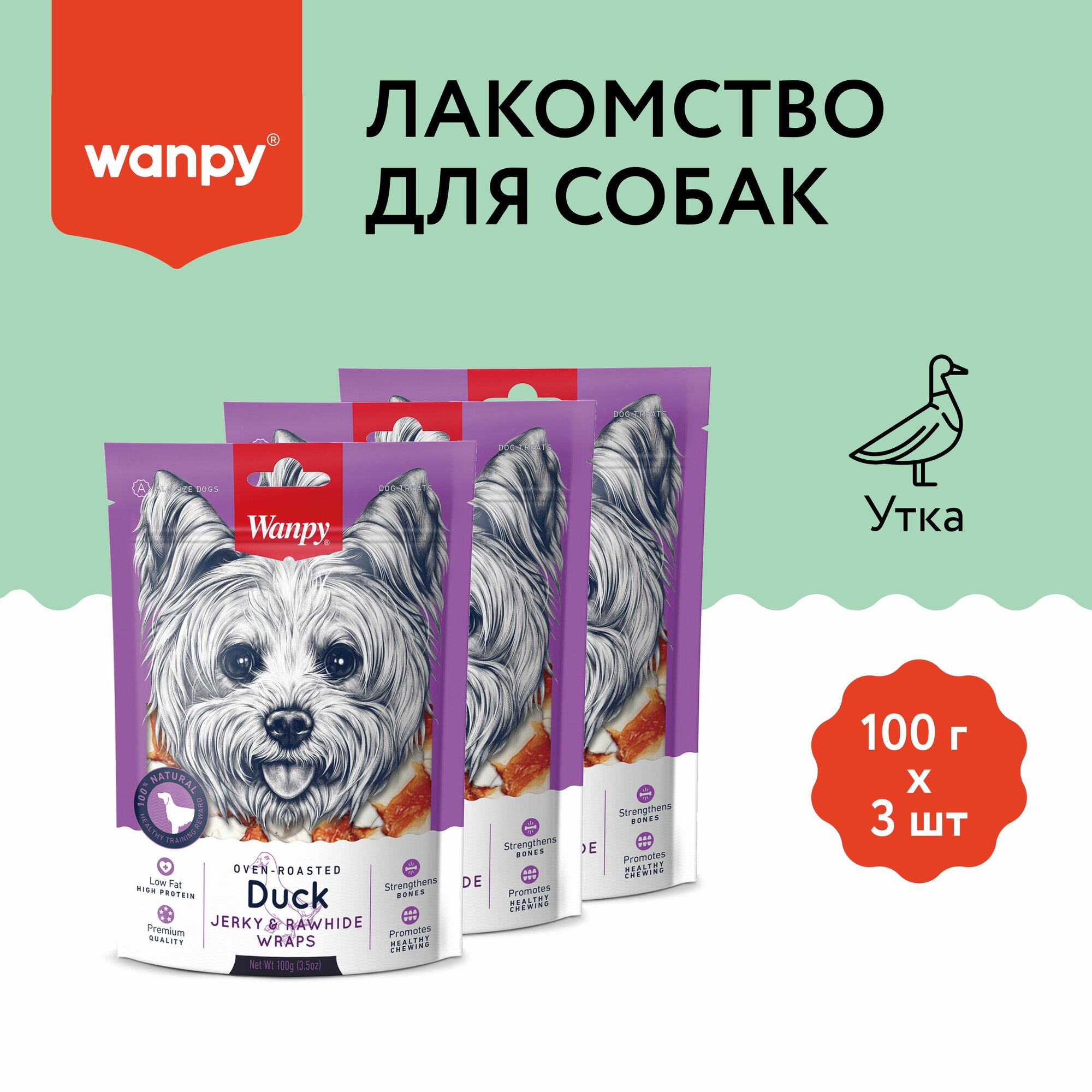 Лакомство Wanpy кости из сыромятной кожи с уткой для собак всех пород 100 г х 3 шт
