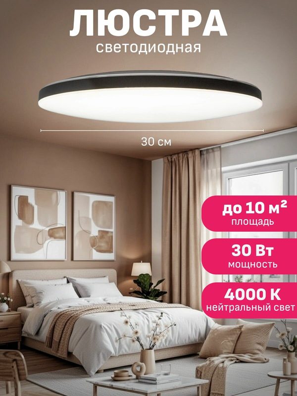 Люстра потолочная светодиодная на кухню Maple Lamp PL-3030-4000K-BLACK, черная, 30 Вт (10 кв м)