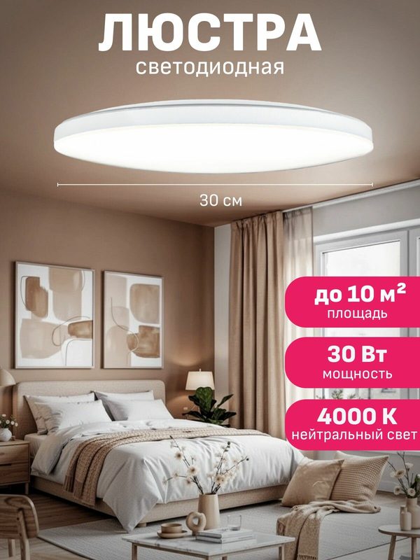 Люстра потолочная светодиодная на кухню Maple Lamp PL-3030-4000K-WHITE, белая, 30 Вт (10 кв м)
