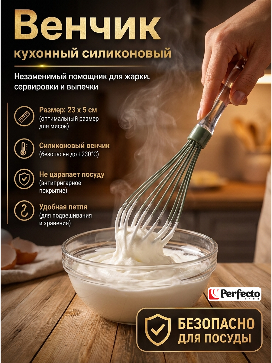 Венчик для взбивания ручной силиконовый, 23 х 5 см, NATURAL GREEN, PERFECTO LINEA