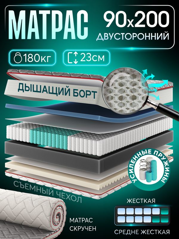 Анатомический односпальный матрас 90х200 см на кровать, рулонный, независимый пружинный блок, съемный чехол Ами Мебель