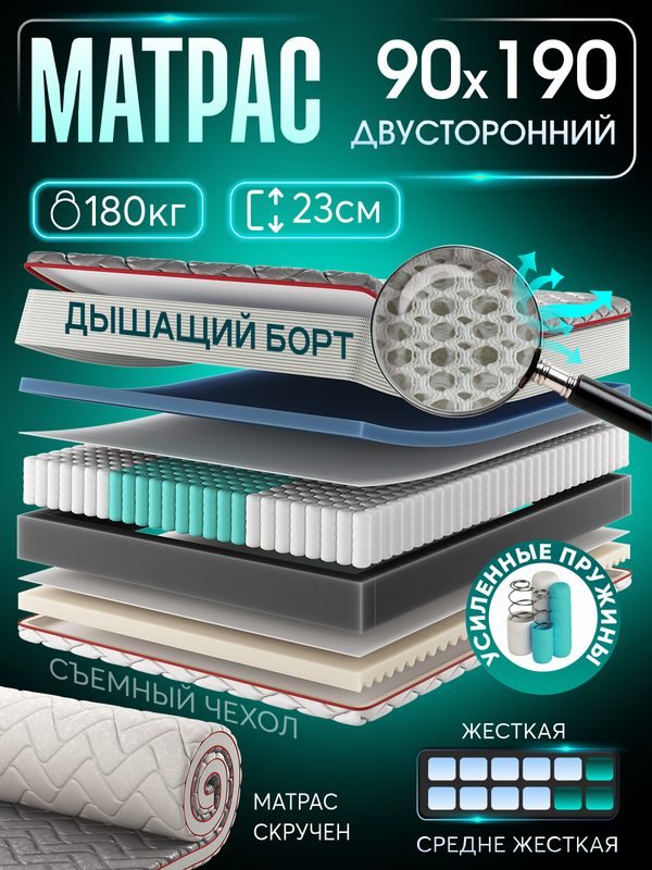 Анатомический односпальный матрас 90х190 см на кровать, рулонный, независимый пружинный блок, съемный чехол Ами Мебель
