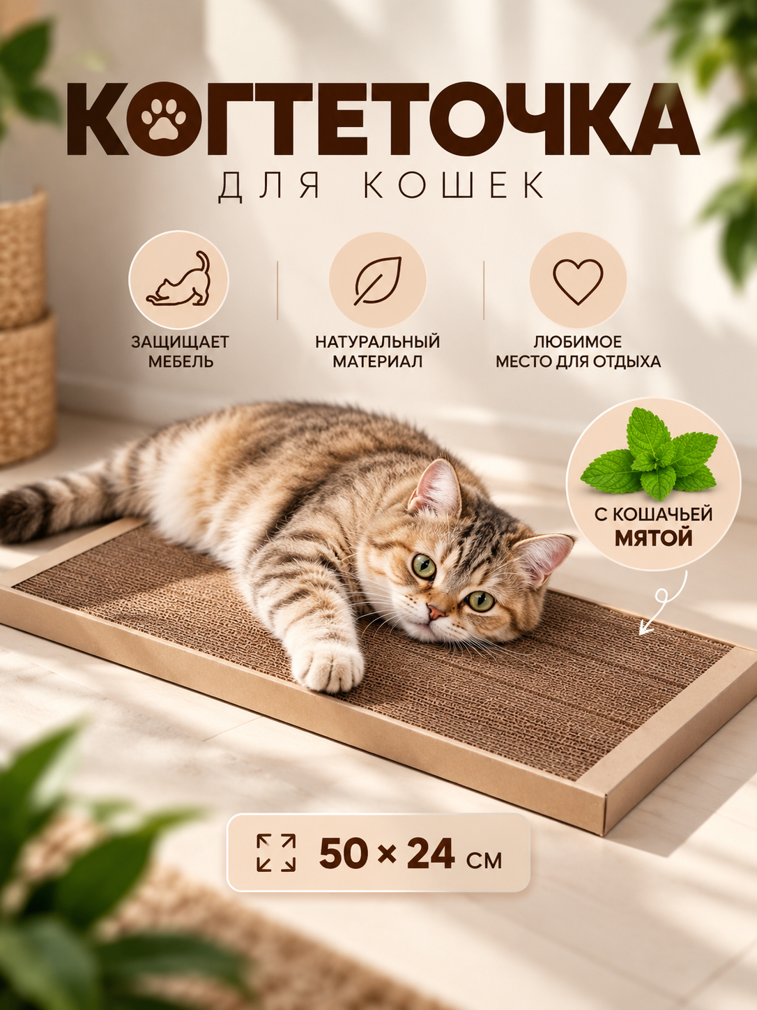Когтеточка для кошек, лежанка из гофрокартона, с кошачьей мятой, 50 х 24 см