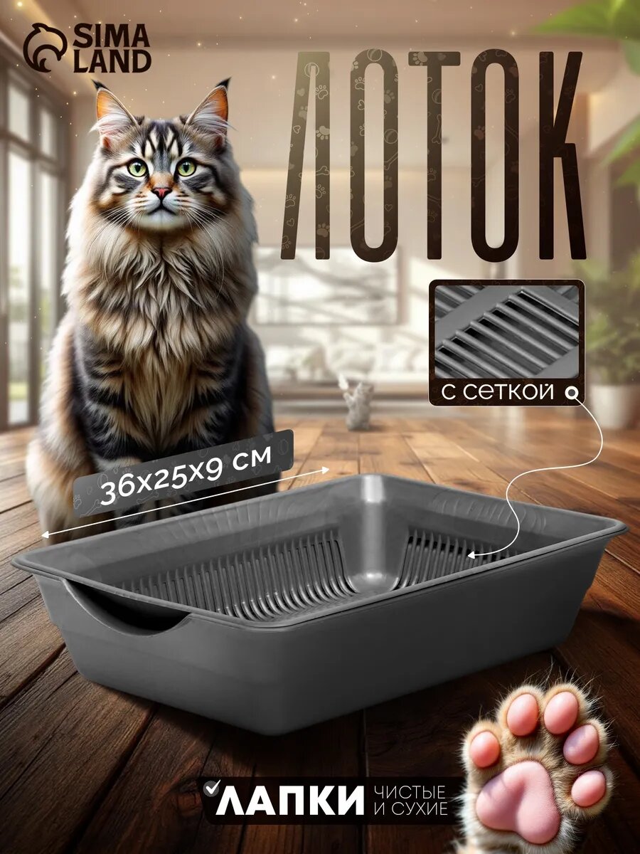 Лоток для кошек и котят с сеткой, пластиковый, серый, 36 x 25 x 9 см