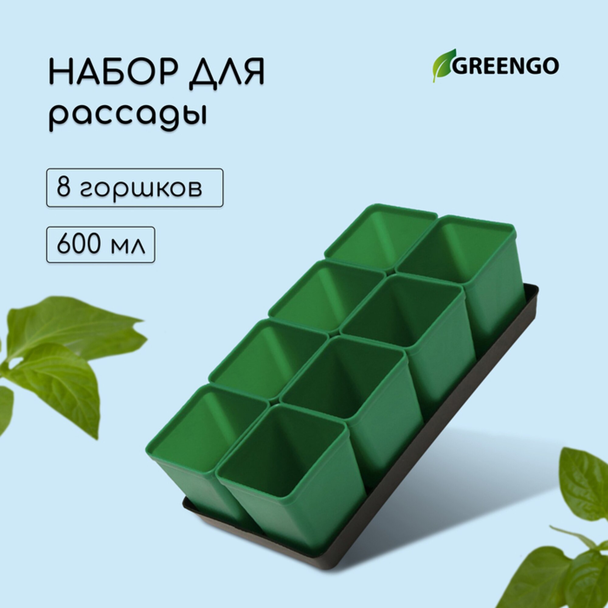 Набор для рассады: стаканы по 600 мл (8 шт.), поддон 36 × 18 см, цвет микс, Greengo