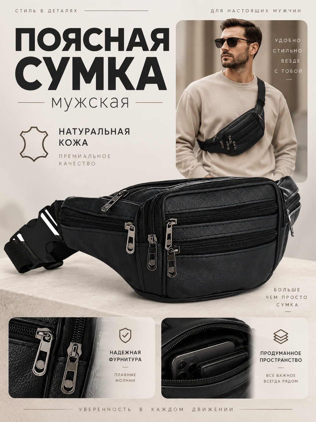 Сумка поясная Сима-ленд, фактура гладкая, черный
