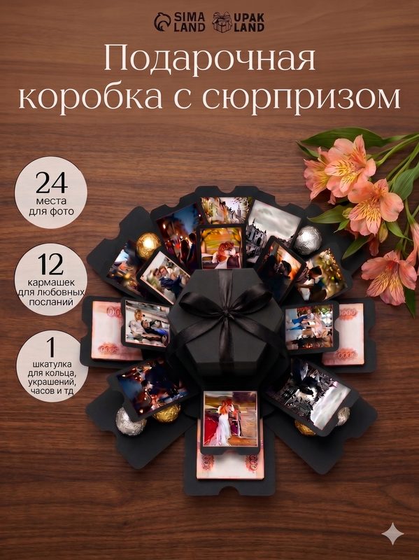 Распадающаяся подарочная коробка с фотографиями UPAK LAND, черная, 42 х 39,3 см