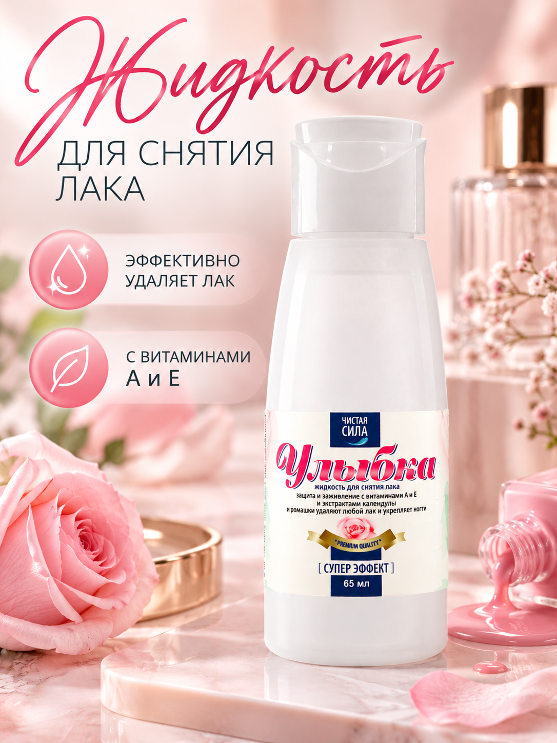 Жидкость для снятия лака Чистая сила с витаминами А, Е, 65 мл