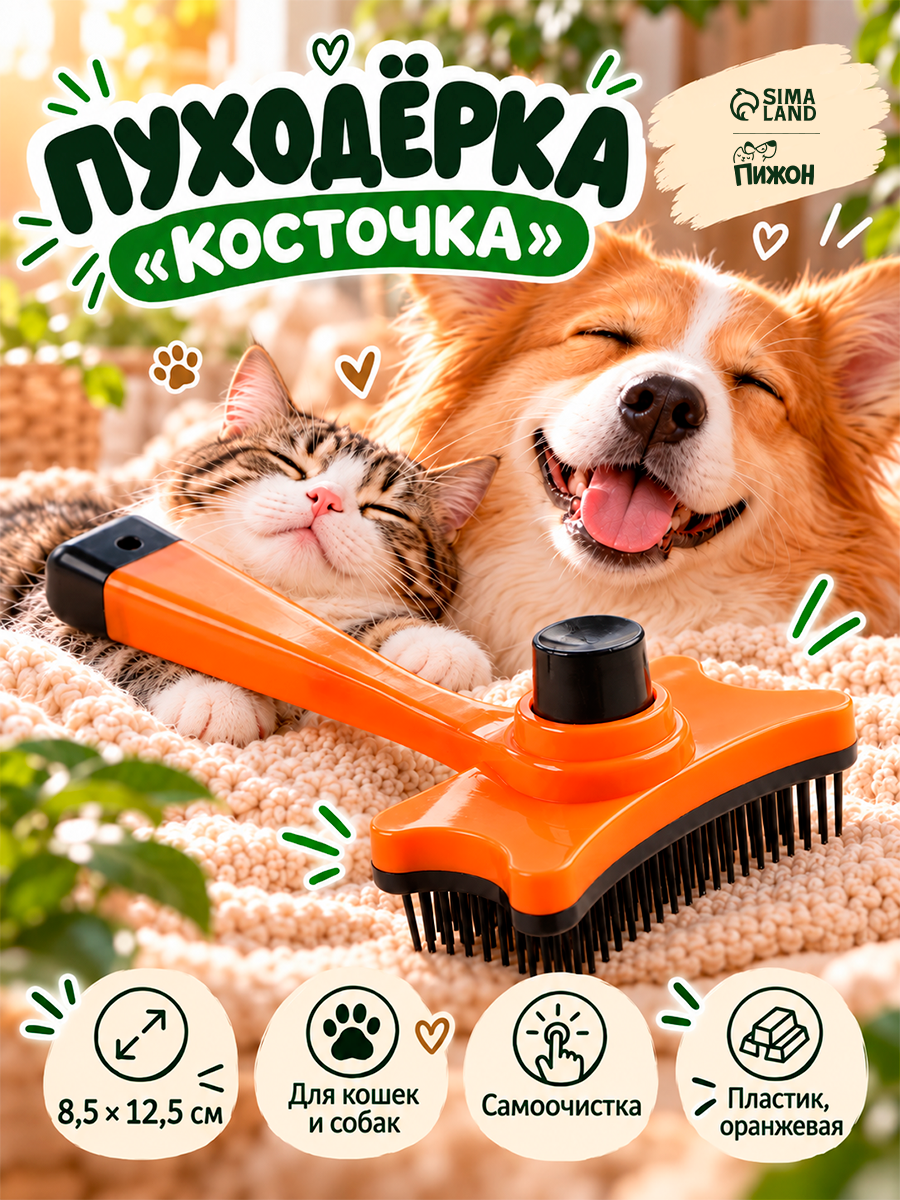 Пуходерка пластиковая "Косточка" с самоочисткой, 8,5 х 12,5 см, оранжевая
