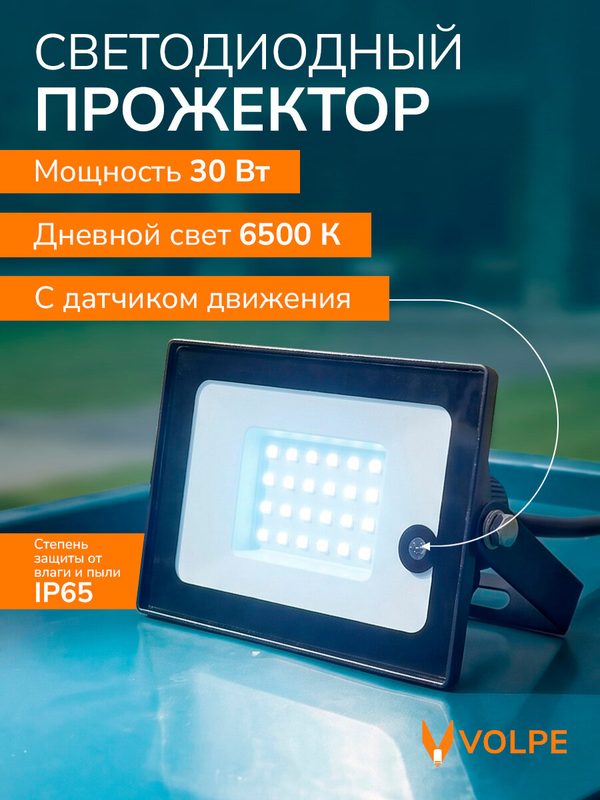 Прожектор светодиодный уличный, с датчиком движения и освещенности, 30 Вт, 6500К, IP65, уличный фонарь