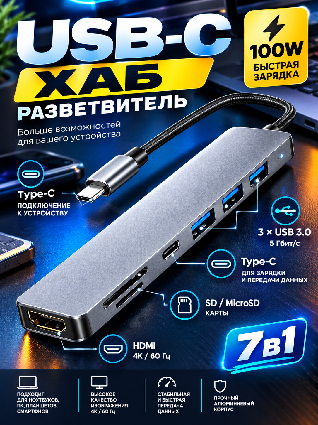 Usb HUB 7в1/USB Type-C, SD-card, TF-card, HDMI/FPY47
