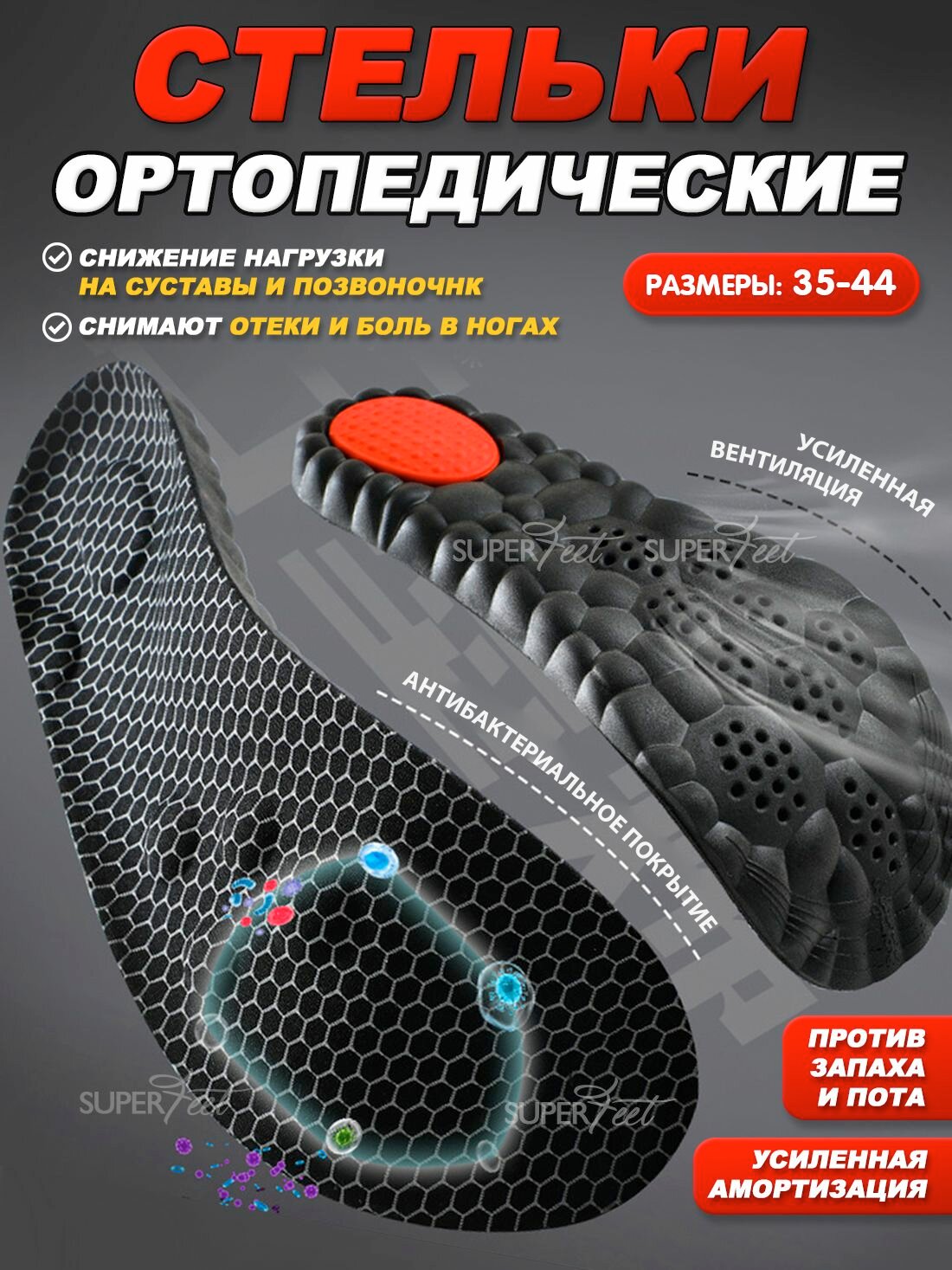 Стельки Super Feet, анатомические, унисекс, 41/42 р-р, 27,5 см, для обуви, ЭВА, черные