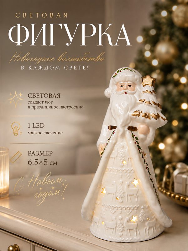 Светодиодная фигура "Дед Мороз в тулупе" размер 15.7×7.4×5.8 см, 1 LED, керамика, от батареек LR44×3, тёплый белый свет