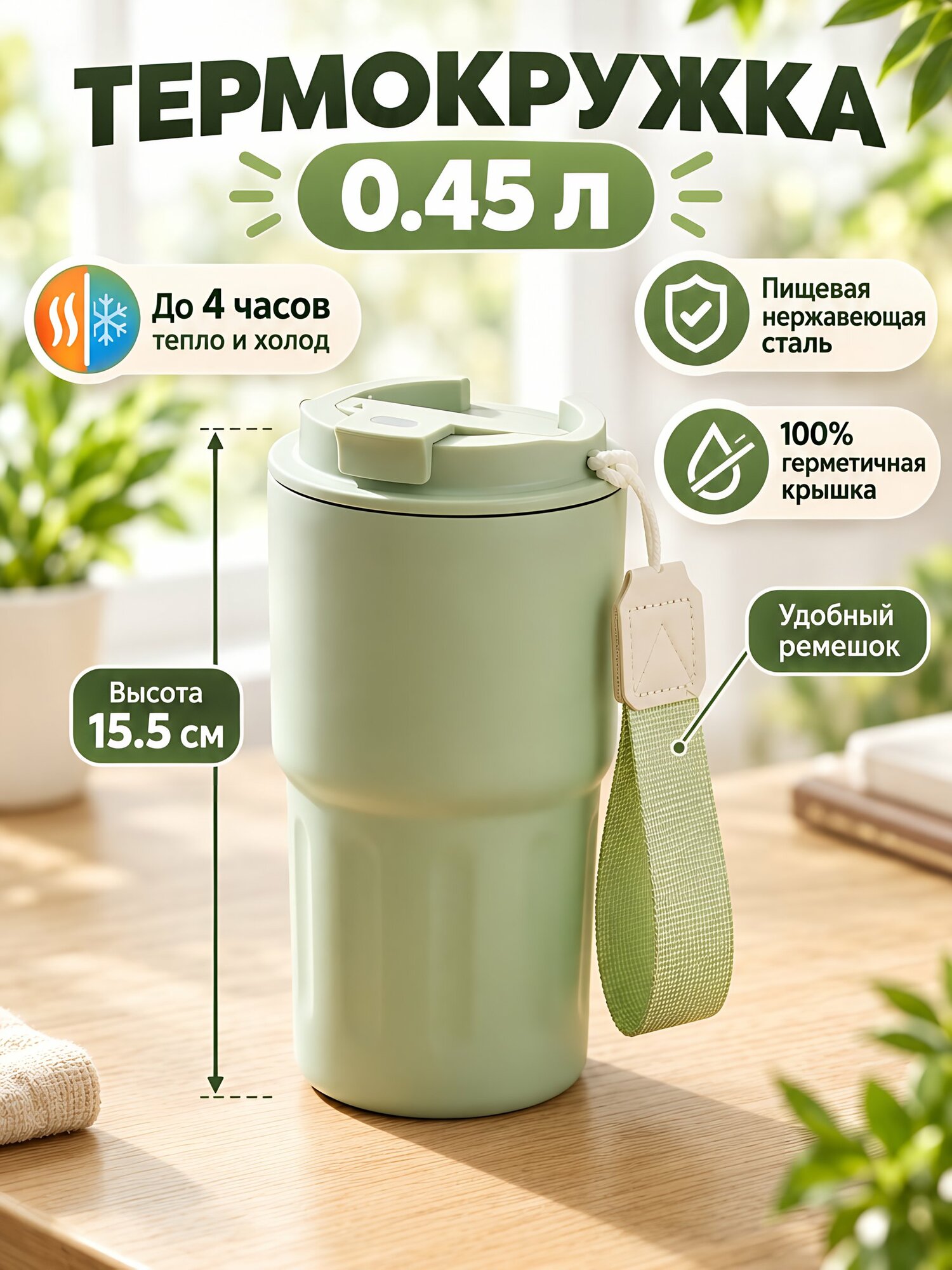 Термокружка 0,45 л из нержавеющей стали, зеленая, с крышкой и ремешком Y4-16011