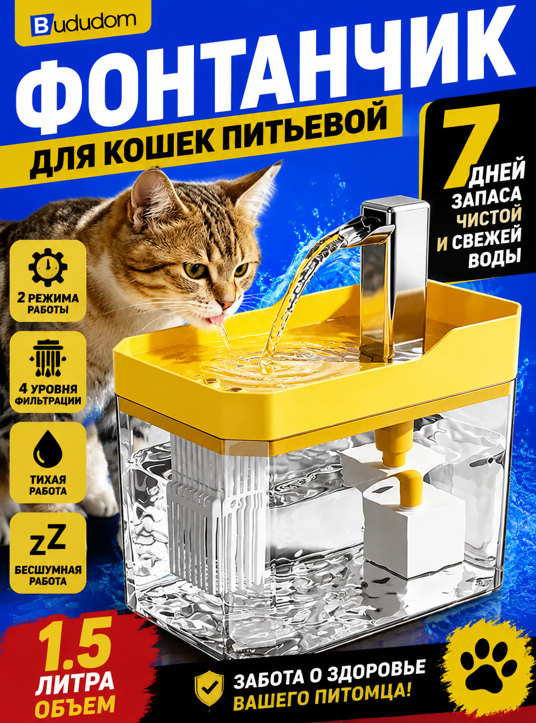 Поилка-фонтан для кошек и собак беспроводная с датчиком движения 1.5 литра