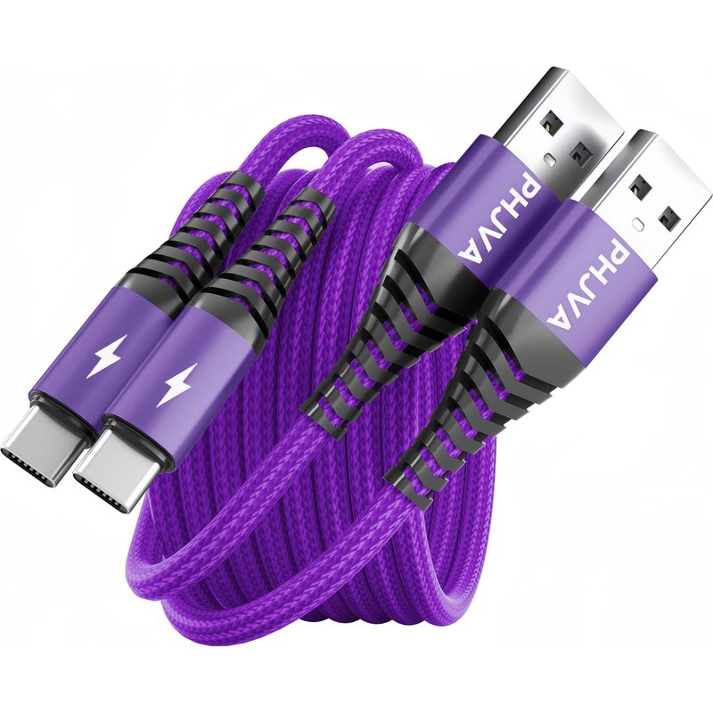 Кабель USB Type-C для быстрой зарядки и передачи данных, нейлоновый плетеный, фиолетовый, 2 шт, длина 2 м