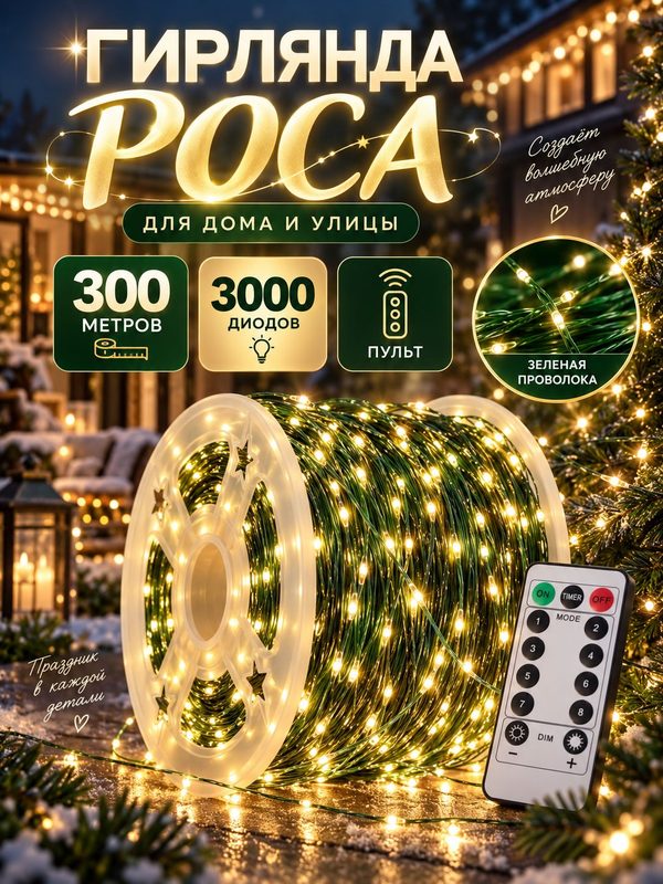 Гирлянда роса на елку 300 метров для дома и улицы