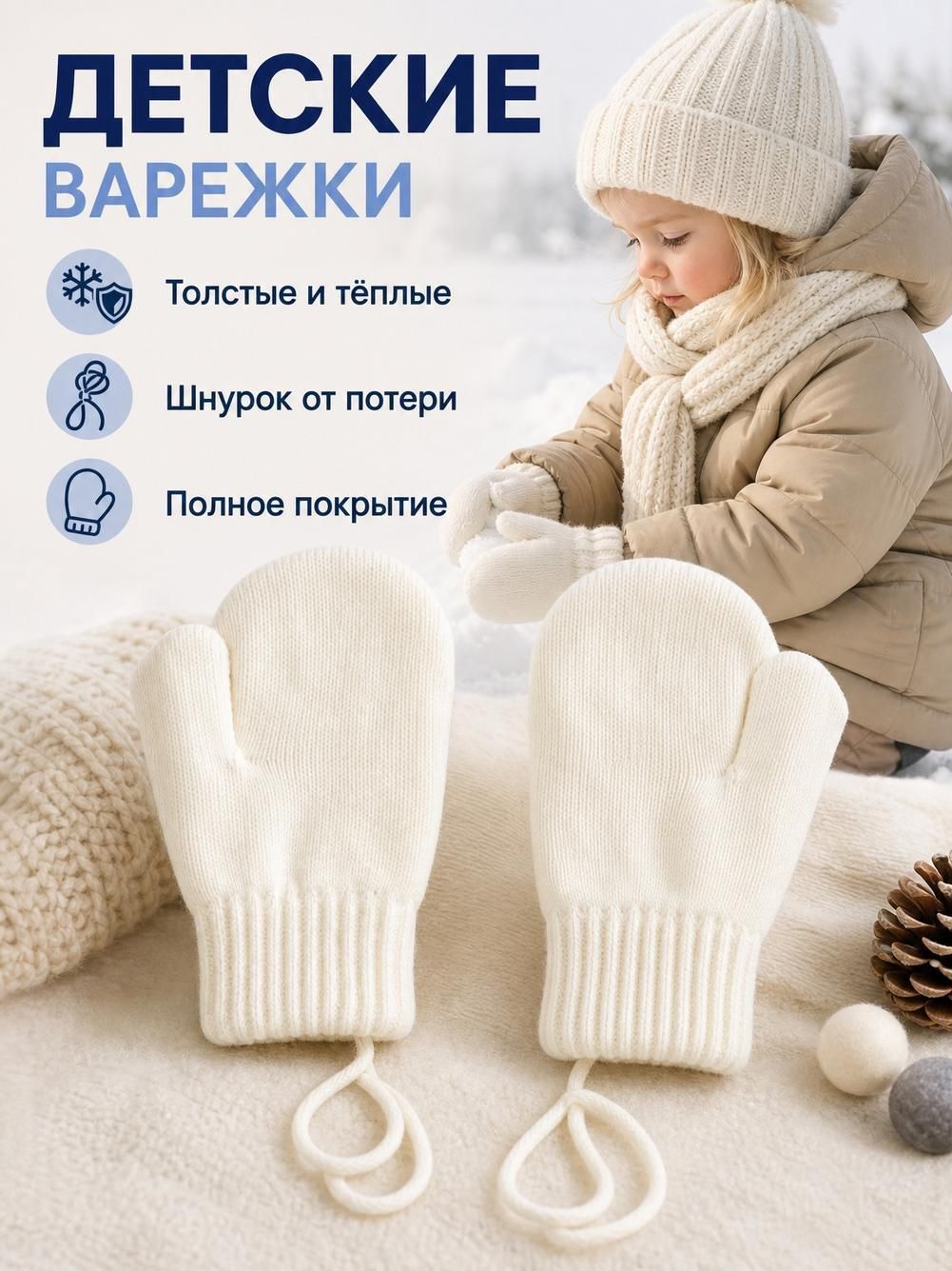 Варежки для детей, размер OneSize, белый