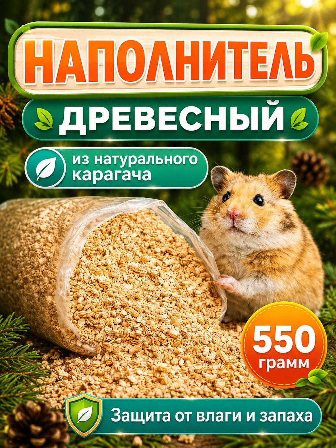 Наполнитель древесный, опилки для грызунов, хомяков и кроликов, средняя фракция 550 грамм