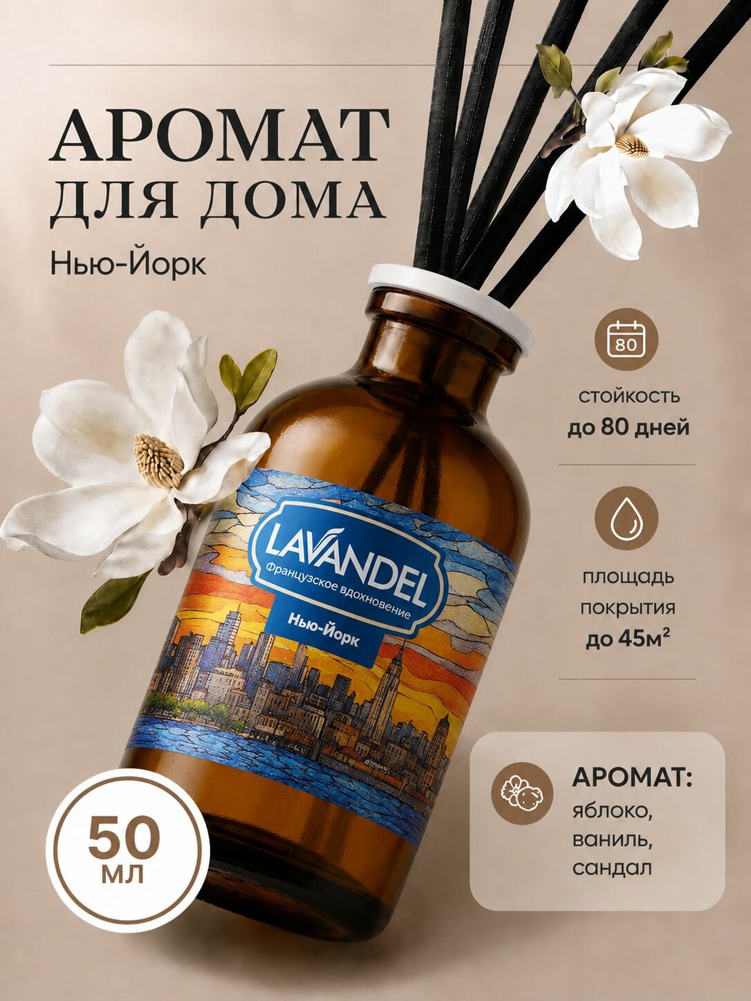 Диффузор для дома с палочками LAVANDEL "Нью-Йорк", аромадиффузор, 50 мл
