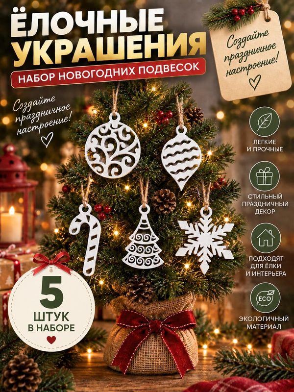 Набор елочных украшений 5шт, новогодние подвески на елку, белые пластиковые