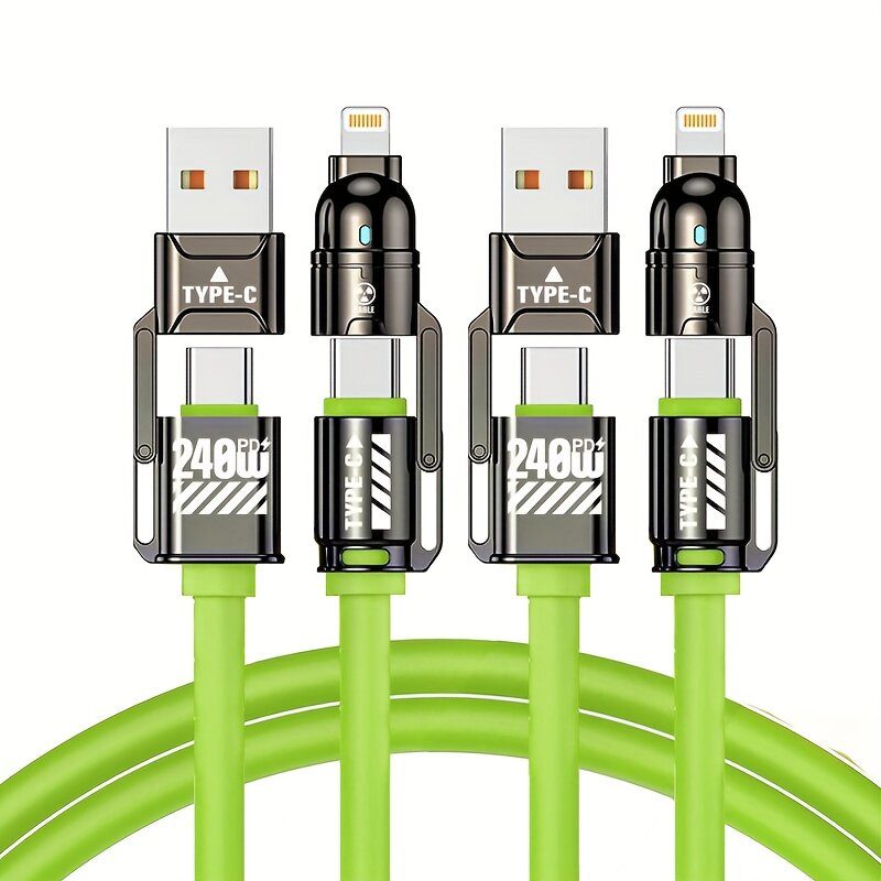 Комплект из 2 многофункциональных USB-кабелей 4 в 1, 240 Вт, быстрая зарядка, разъемы Type-C, USB-A, L и Micro, 1 м, зеленый