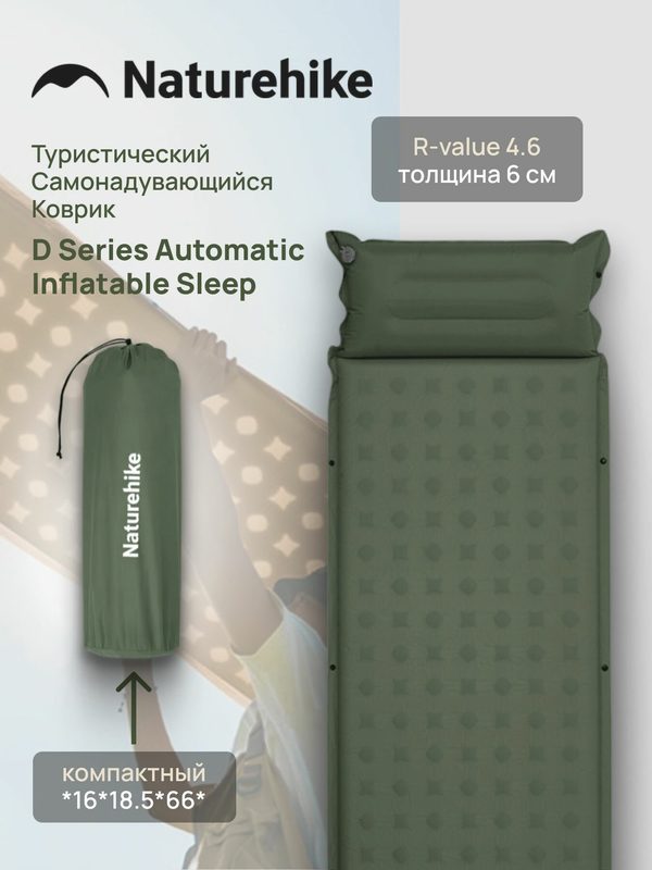 Самонадувной коврик Naturehike D Series Navy Green, одноместный, 6 см, премиумкачество для сна