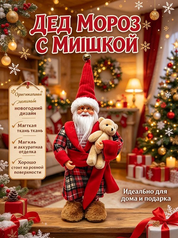 #Дед Мороз с мишкой 41 см, новогодняя фигурка для декора дома, подарок на Новый год