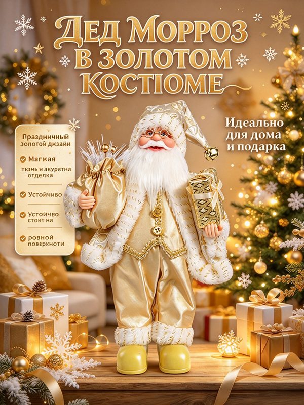 Дед Мороз в золотом костюме 32 см, новогодняя фигурка для декора дома и подарка