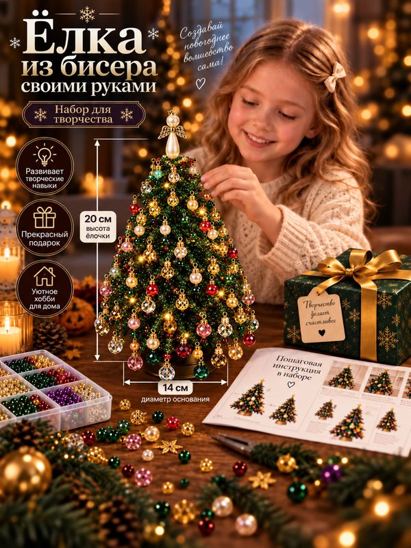 Елка из бусин и бисера DIY с подсветкой, елка из бисера своими руками