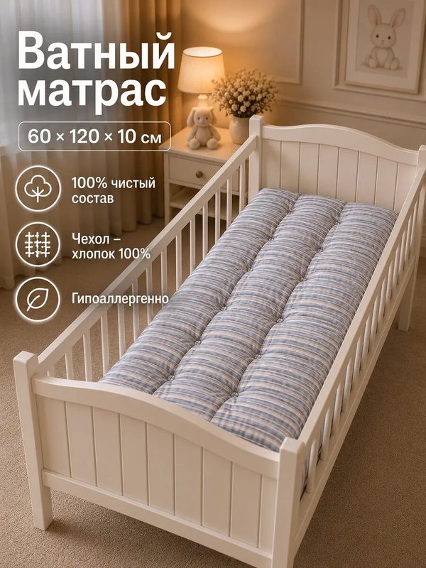 Премиальный ватный матрас 60х120х10 см в детскую кроватку. Премиум наполнитель. Ткань чехла хлопок. Средняя жесткость.