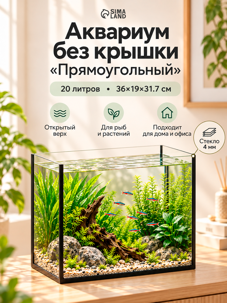 Аквариум без крышки «Прямоугольный», 20 литров, 36×19×31.7 см, стекло 4 мм