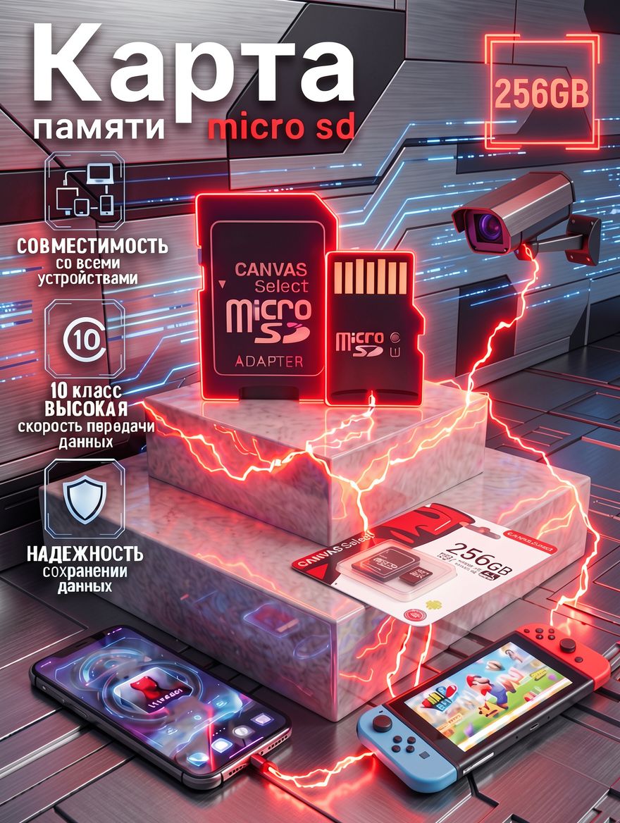 Карта памяти Micro SD Canvas Select 256 ГБ с адаптером для расширения памяти