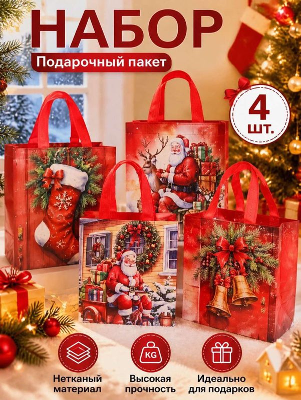 Подарочный пакет набор 4 шт, нетканая сумка с ручками, рождественский дизайн Деда Мороза
