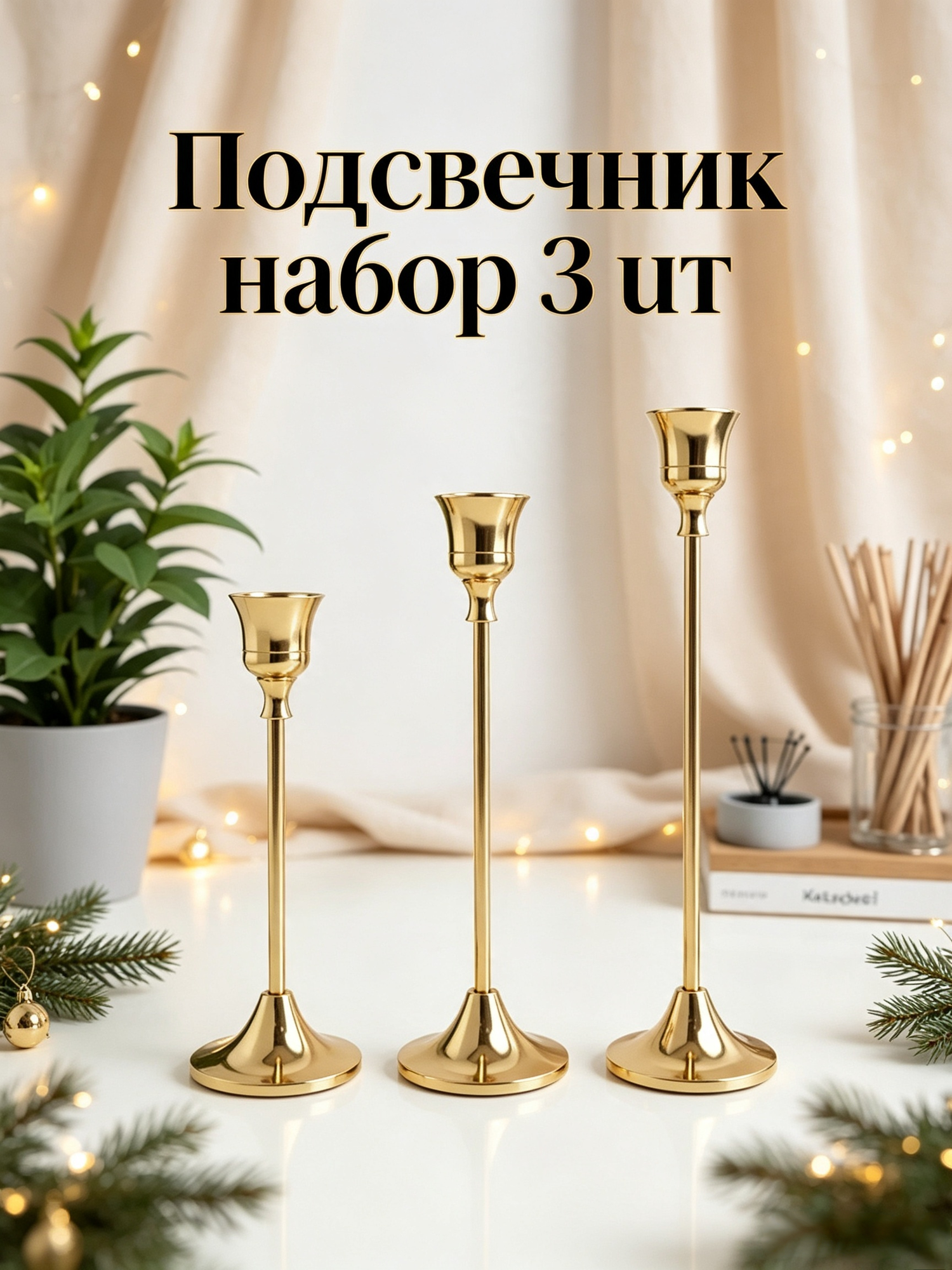 Подсвечник набор 3 шт, железный под золото, декоративный подсвечник для дома и праздников