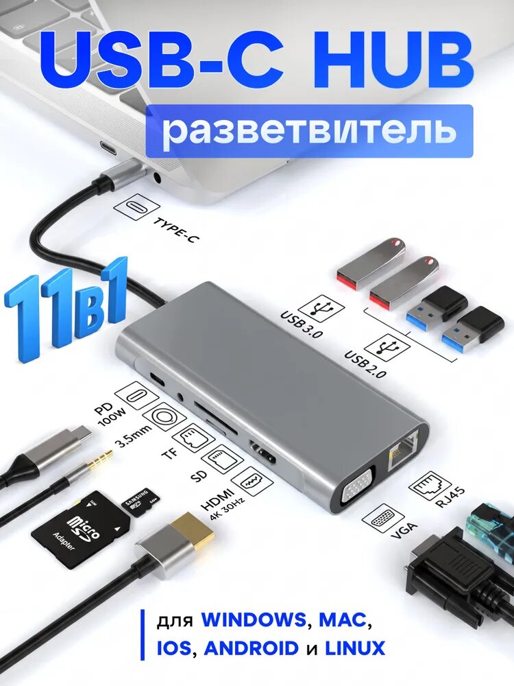 USB-C хаб разветвитель 11 в 1 с HDMI VGA RJ45 Type-C док-станция серебристая