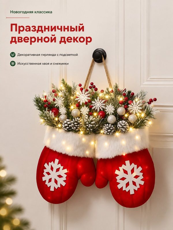 Рождественский венок в виде варежек с LED-подсветкой и праздничным декором