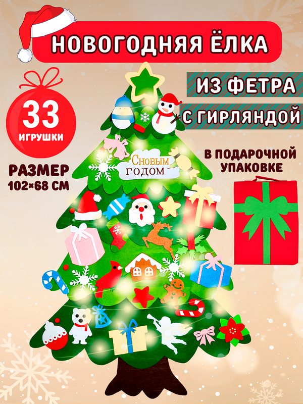 Елка из фетра новогодняя на стену с гирляндой, с набором детских игрушек