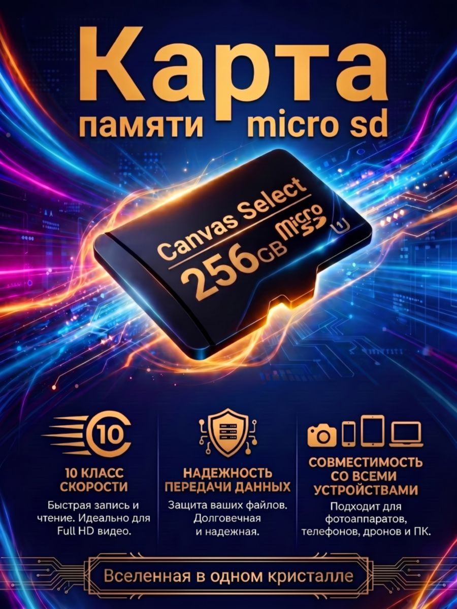 Карта памяти microSD, microSDXC, Canvas Select 256 GB, Class 10 UHS Speed Class 1 (U1) с адаптером, запись - 80 Мбайт/сек, чтение - 100 Мбайт/сек, Карта памяти 256 ГБ
