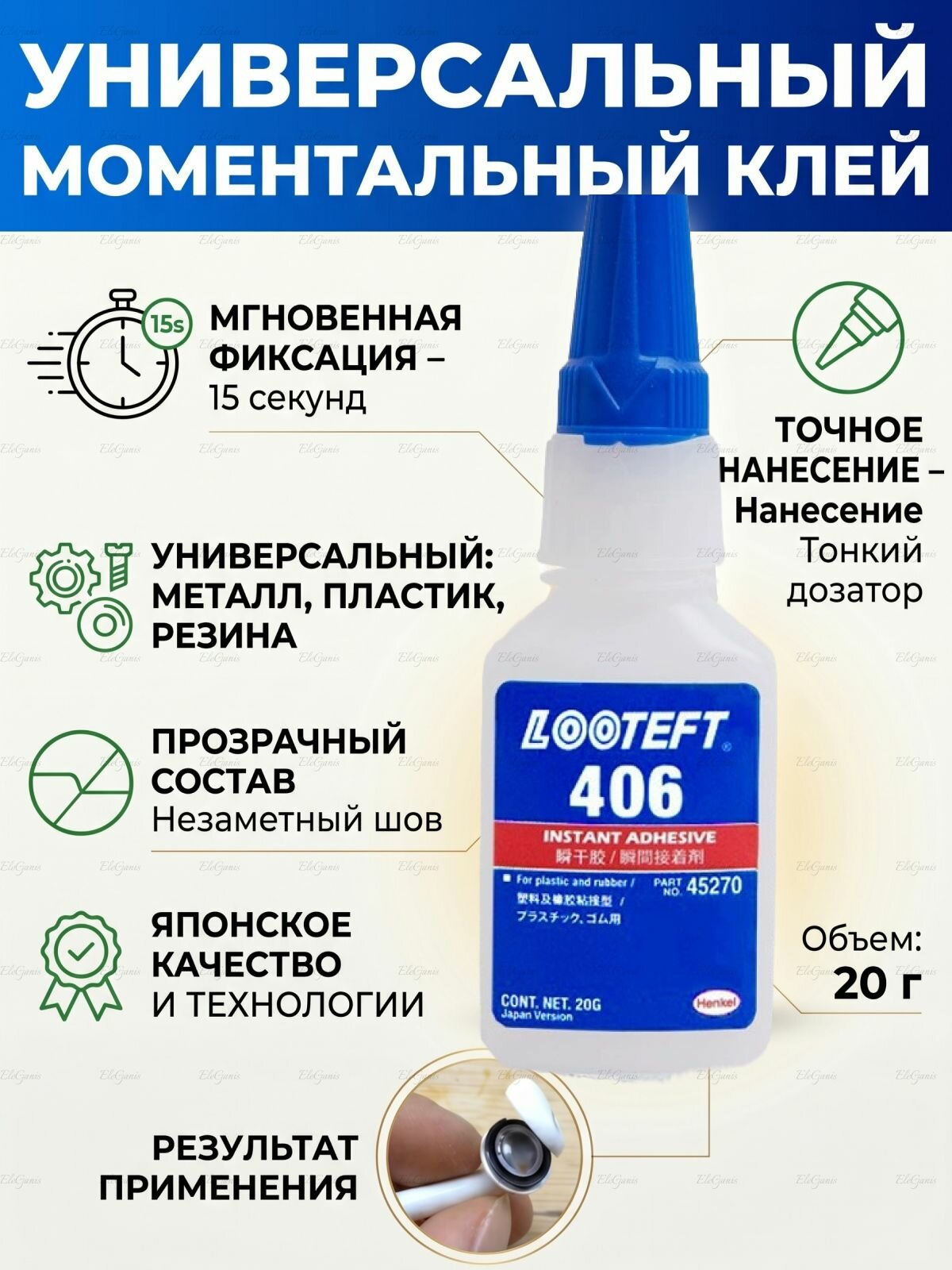Супер клей секундный Looteft 406, универсальный цианоакрилатный клей 20 мл для пластика, металла, стекла, резины