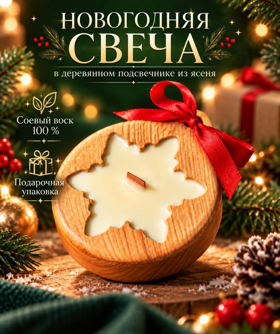 Свеча новогодняя / новогодний подарок / свечка ручной работы / соевый воск