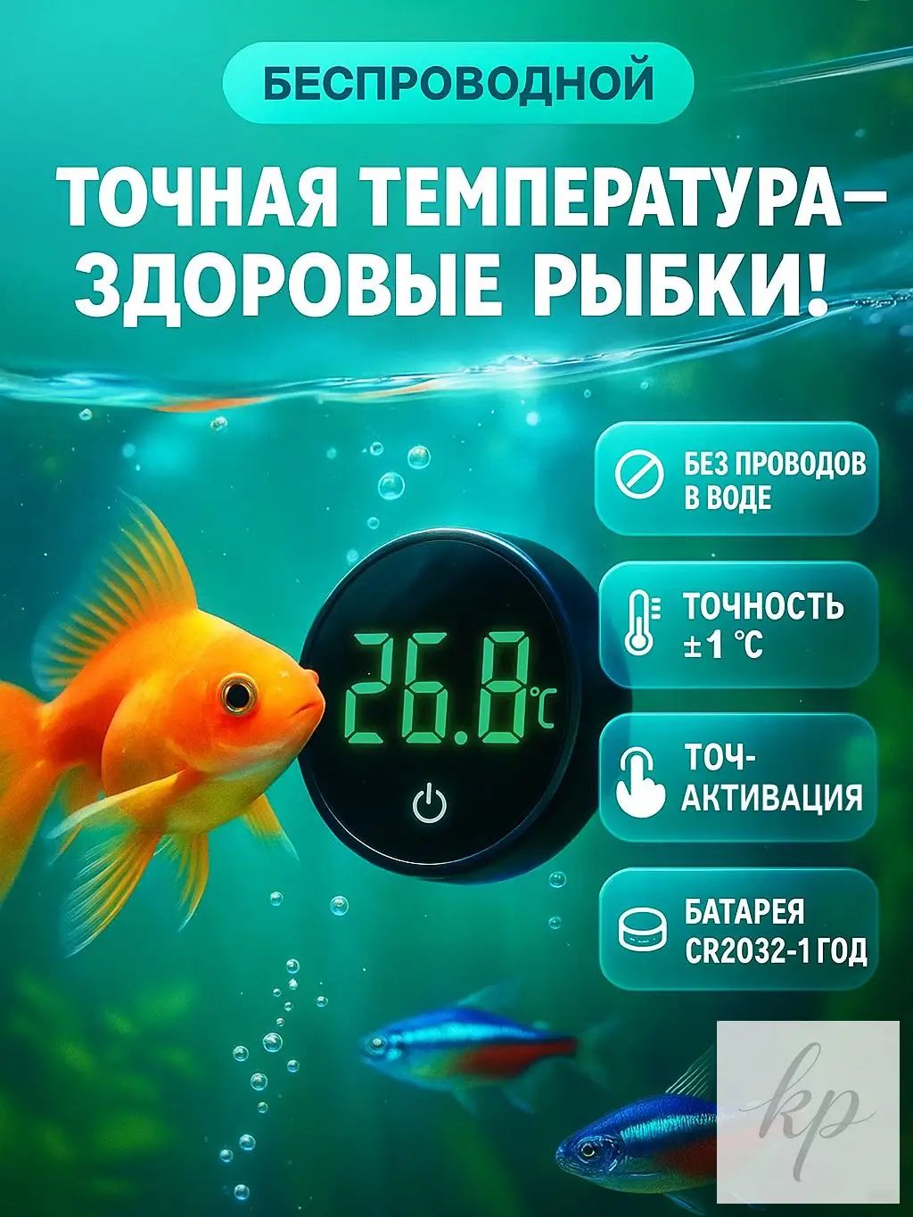 Термометр для аквариума цифровой, внешний на стекло, беспроводной, электронный градусник с ЖК дисплеем и батарейкой в комплекте, для рыб и черепах, черный