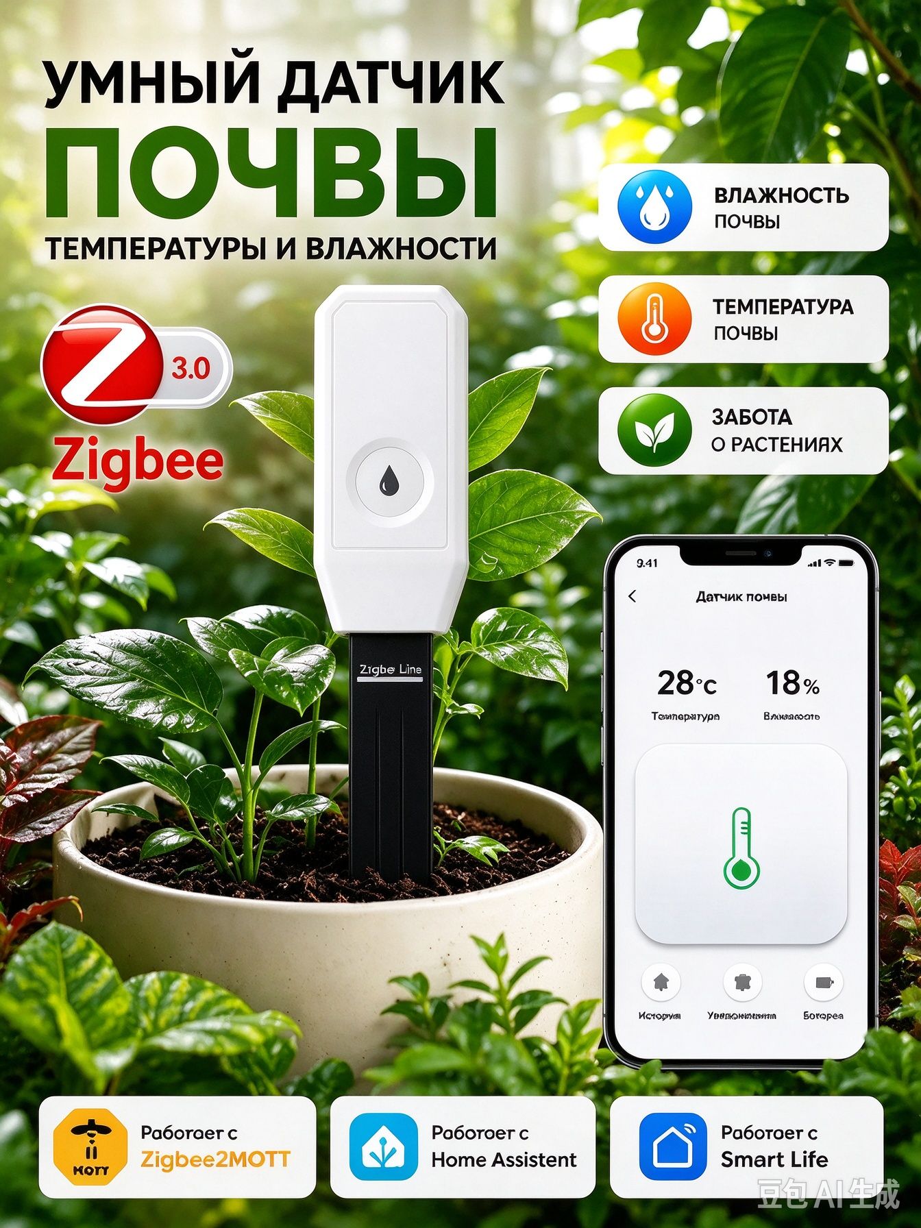 Интеллектуальный измеритель влажности почвы Zigbee 3.0, Датчик температуры и влажности сада в горшках, Обнаружить